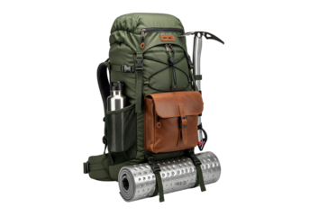 Green hiking backpack with leather pouch and sleeping bag isolated on transparent background
