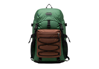 Naklejka premium Green hiking backpack with leather pouch isolated on transparent background