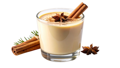 Creamy Festive Drink with Cinnamon and Star Anise Garnish.