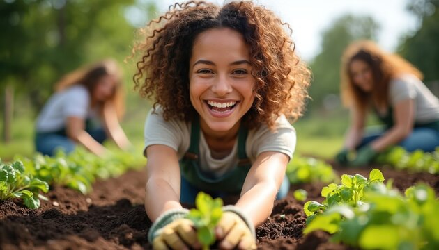 Smiling woman plants seedlings in garden with friends. Girls tend plant sprouts in field together. Female farmer grows natural produce at farm. They cultivate ground, work outdoors.