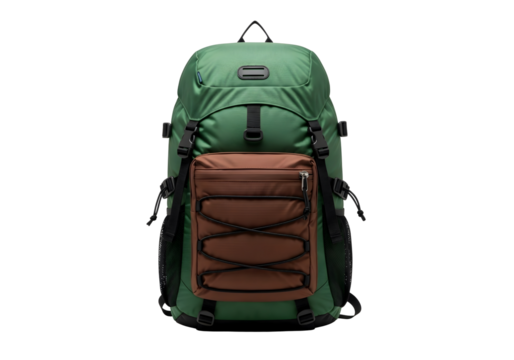Green hiking backpack with leather pouch  isolated on transparent background