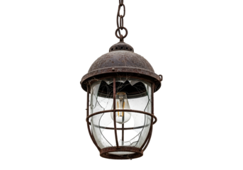 Antique hanging lantern with glass and metal details isolated on transparent background