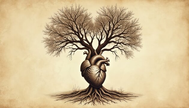 Tree with roots resembles human heart, bare branches spread like arms. Sepia illustration with vintage paper texture suggests deep connection to nature and organic life.