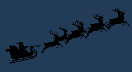 A silhouette of Santa Claus in his sleigh pulled by reindeer flying across a dark night sky.