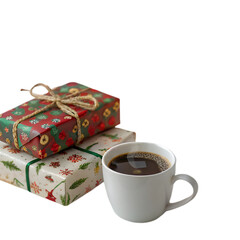 Festive Gifts & Warm Coffee Mug. Holiday Celebration Presents. on transparent background
