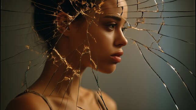 composition featuring a Gen X woman’s profile merged with broken glass texture, expressing stress, confusion, and inner struggle, minimalist layout with gradient background and open copy area. 