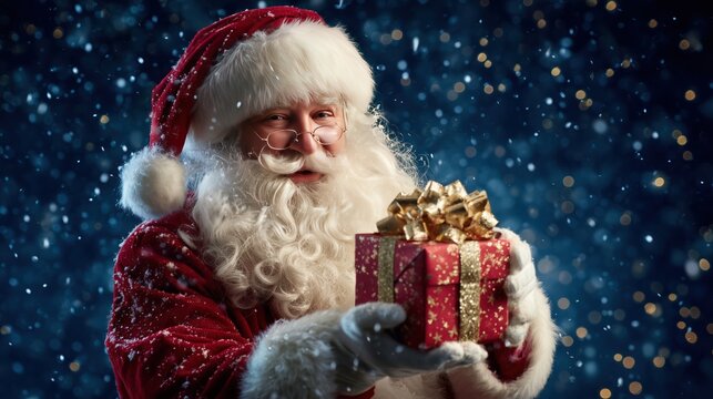 Santa Claus Holding a Festive Gift Box in a Snowy, Sparkling Night Scene for Christmas Decor and Holiday Marketing