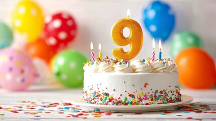 Festive birthday celebration featuring a decorated cake with number nine candle, colorful balloons, sparkling confetti, and party decorations for ninth anniversary or kids’ birthday party concept