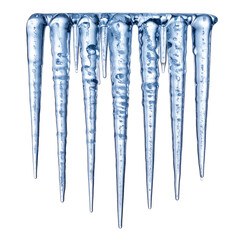 Row of sharp icicles hanging from a roof.