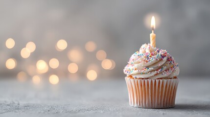 Festive birthday cupcake with lit candle on light grey table surrounded by soft blurred bokeh lights, ideal for celebration, party, and greeting card designs with space for text