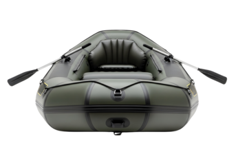 Green inflatable fishing boat with oars isolated on transparent background