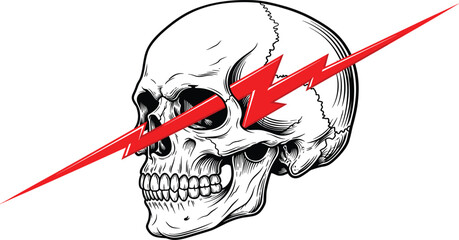Vector Illustration of Human Skull with Red Lightning Bolt, High Voltage Danger, Power Symbol, and Tattoo Design
