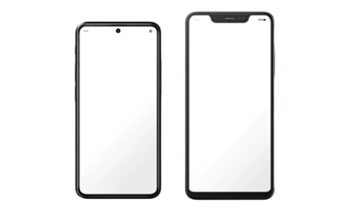 Two smartphones, one larger than the other, both black with blank white screens