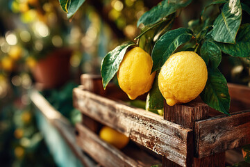 Lemons in a wooden crate surrounded by sunlit lemon garden on a warm day