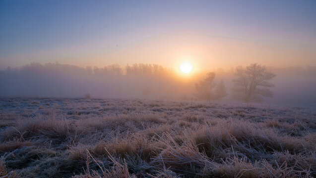 Peaceful winter sunrise over a snowy field covered in frost, with bare trees glowing softly through morning mist.
