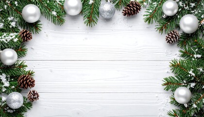 Festive Christmas Frame with Silver Ornaments and Pine Cones on White Wood.