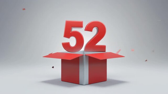 Nicely wrapped gift box popping open, the number 52 appears. Video for birthday or anniversary party