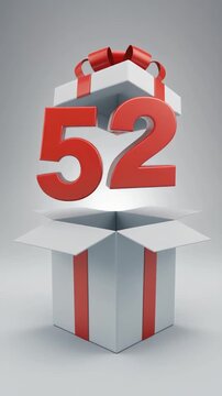 Nicely wrapped gift box popping open, the number 52 appears. Video for birthday or anniversary party