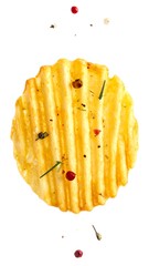 Crispy Ridged Potato Chip with Herbs and Spices on White.