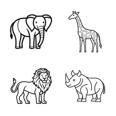 Set of african safari animals in a simple line art style isolated on white background

