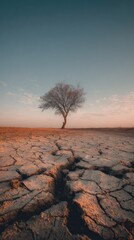 Dry cracked earth with a single tree standing in the distance during sunset under a clear sky