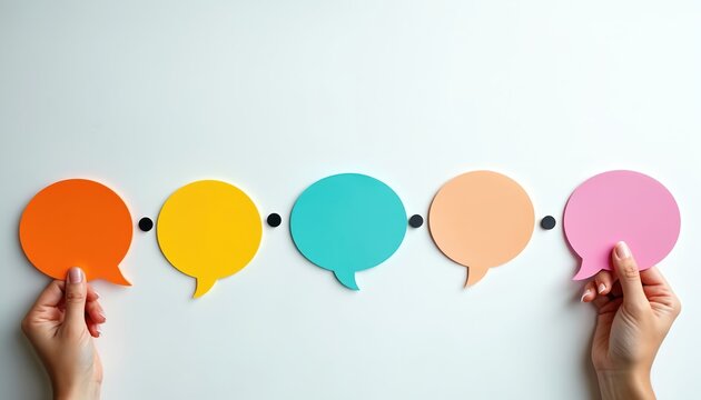 Hands arrange colorful speech bubbles in sequence. Concepts of dialogue, communication, discussion, ideas, feedback represented visually. Order thoughts, share opinion, plan meeting. Interactive