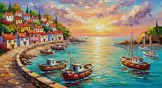 Coastal Village by the Sea 3D Oil Art for cover, mural wall art, invitation, poster, canvas print, wall decor canvas painting design