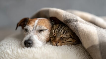 Dog and tabby cat peacefully sleeping side by side, cuddling under a cozy plaid blanket on a fluffy white bed, showing domestic animal friendship and warmth