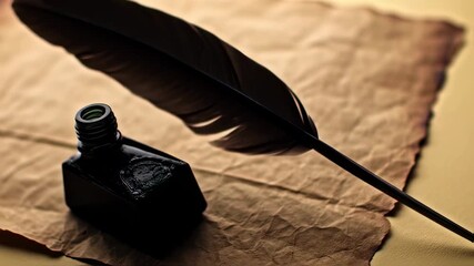 Close-up of an inkwell, quill pen, and aged parchment paper against a warm, neutral background - Powered by Adobe