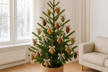 Fototapeta premium White cones hung on a Christmas tree in a cozy atmosphere at home