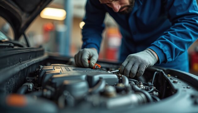 Focused auto mechanic wears gloves, repairs vehicle engine using tools in garage workshop. Man works on car machinery, engine bay, mechanical repair, automotive service.