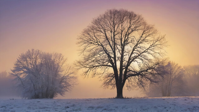 A serene winter landscape with bare frosty trees standing on a snow-covered field at sunrise. Soft pastel light and gentle mist create a peaceful, atmospheric scene.
