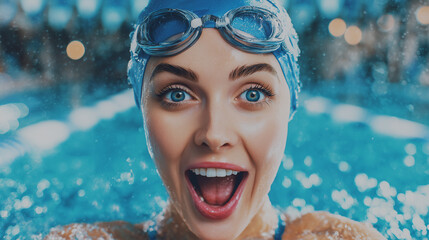 Ai smiling swimmer celebrates victory at the pool during a sunny day with bright blue water
