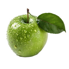 Fresh Green Apple with Water Drops & Leaf | Healthy Food Produce on transparent background