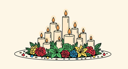 Burning Candles And Flowers Illustration For Celebration Decoration