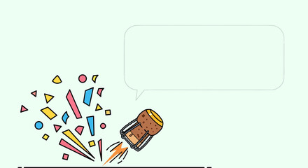 Cartoon Champagne Cork Launching With Confetti And Speech Bubble Space