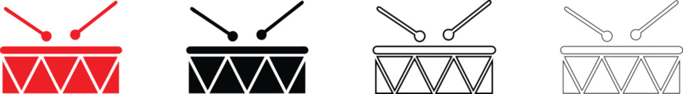 drum and drumsticks vector icon set, musical instrument drum vector, silhouette and line art