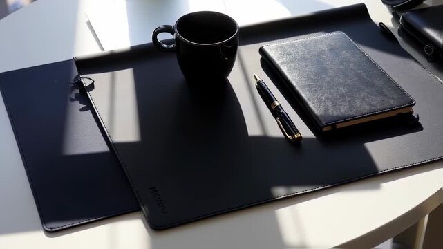 Desk setup with a black mug, pen, journal, and desk mat on a white table