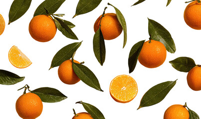 Fresh oranges and leaves on black background