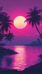 Naklejka premium A vibrant sunset over a tranquil sea, framed by silhouetted palm trees, creating a peaceful and tropical atmosphere.