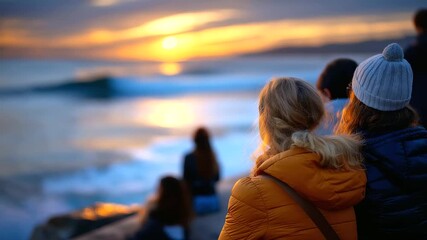 Defocused friends in holiday wear with focused shoreline waves and vibrant sunset sky clearly visible, with copy space - Powered by Adobe