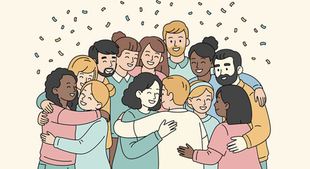 Diverse Group Hugging Together In Celebration With Confetti Falling