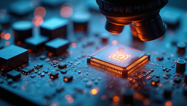 Microscope views a glowing computer chip on a blue circuit board. Tiny components and illuminated lines show complex tech detail. Digital data transfer and micro electronics.
