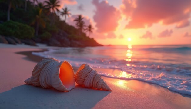 Two large seashells rest on sandy tropical beach at sunset. Gentle waves lap shore palm trees dot green hillside. Sky glows with vibrant orange, pink hues, reflecting on calm ocean surface, creating