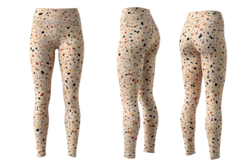 Three views of patterned leggings isolated on transparent background