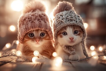 Playful kittens wearing festive hats, surrounded by twinkling fairy lights, soft focus background, warm and cheerful holiday mood