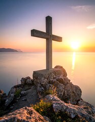 Cross on Rocks at Sunset - Faith and Serenity.
