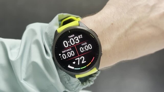 Kyiv, Ukraine, 10.10.2025: smartwatch starting a running workout. Tracking time, pace, distance and heart rate on the fitness watch screen. Wearable tech training. Garmin GPS run on sports watch