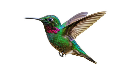 Isolated Hummingbird with iridescent plumage in flight, tropical bird flying mid-air © Andrei