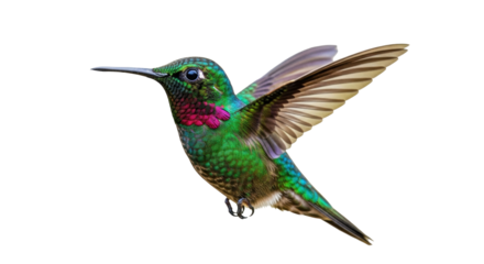 Isolated Hummingbird with iridescent plumage in flight, tropical bird flying mid-air
